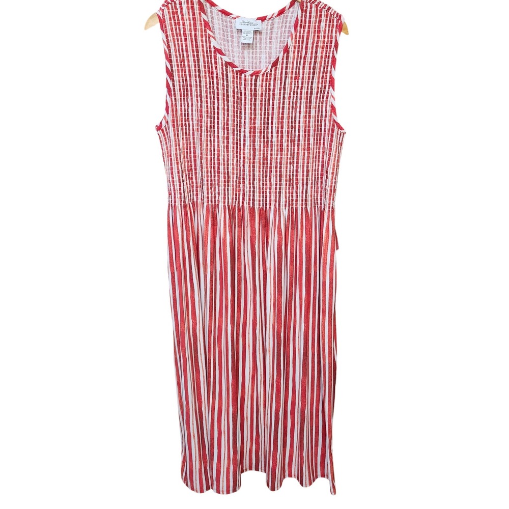 Vermont Country Store Red White Striped Smocked Midi Dress Pockets XL Coastal